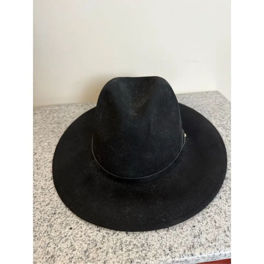 FREE PEOPLE Festival Fedora  Felt Sun Hat Rancher Western Black Wool Anthropolog